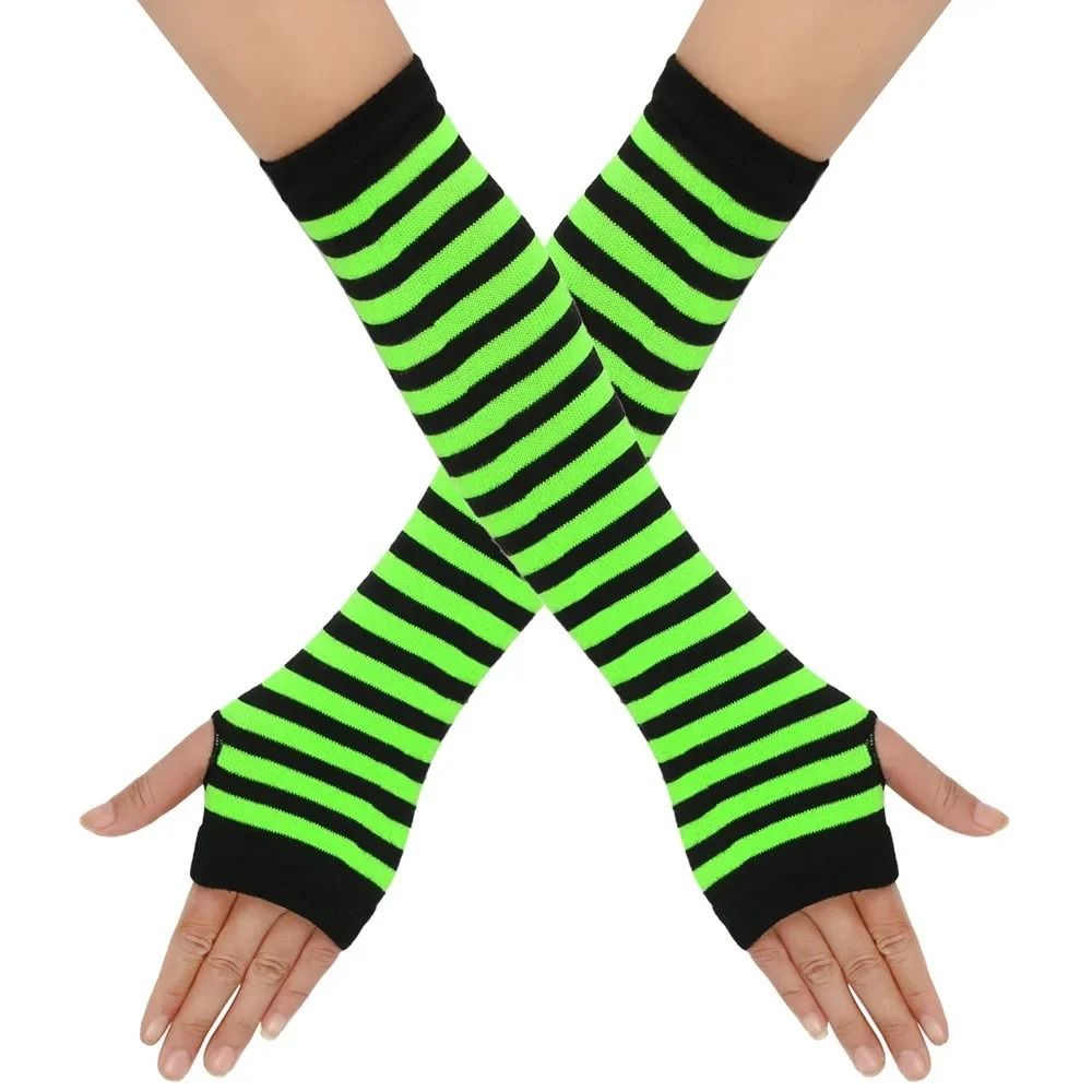 Warmer Knitted Long Fingerless Gloves Lady Striped Elbow Mittens