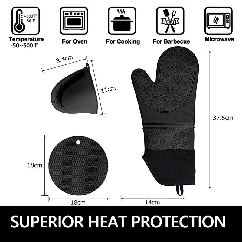 LMETJMA 6Pcs Extra Long Silicone Oven Mitts and Pot Holders Set Heat Resistant Cooking Gloves