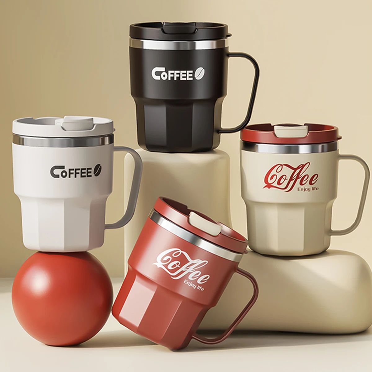 WORTHBUY 304 Stainless Steel Insulated Coffee Mug with Lid & Handle – Double Wall Reusable Travel Cup
