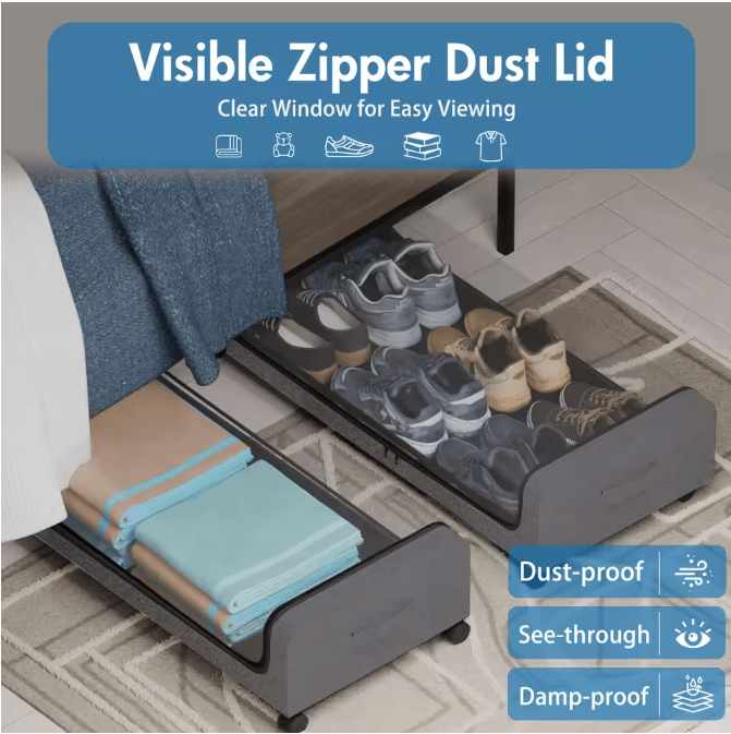2 Pack Under Bed Storage Box with Wheels Large Capacity Rolling Storage Bin with Clear Window and Handles