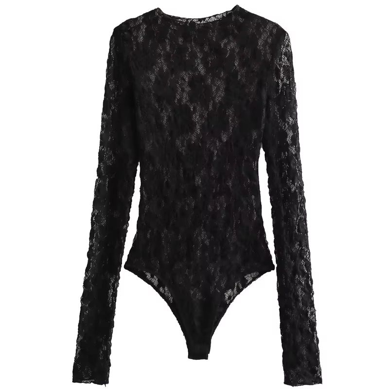 Elegant Black Lace Bodysuit with Long Sleeves – Sheer Lace Lingerie Bodysuit with Hollow Out Cutwork