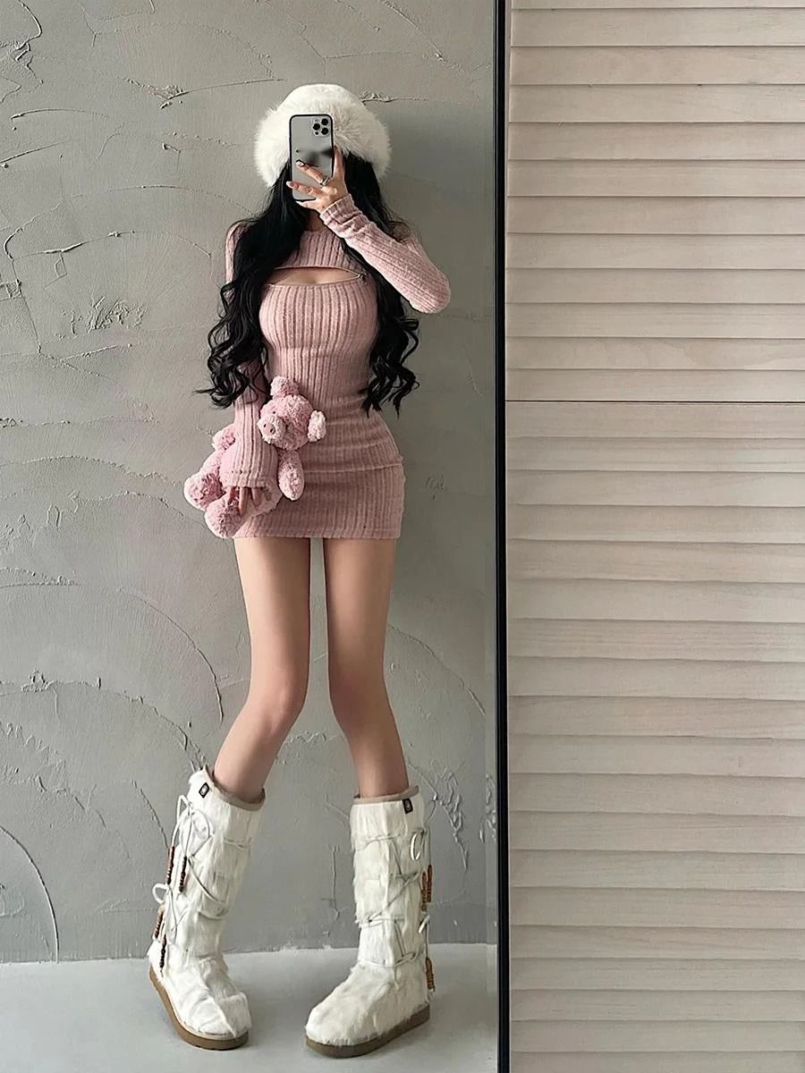 WOMENGAGA Knitted Sweater Dress Long Sleeve Zip Front Bodycon Mini Dress