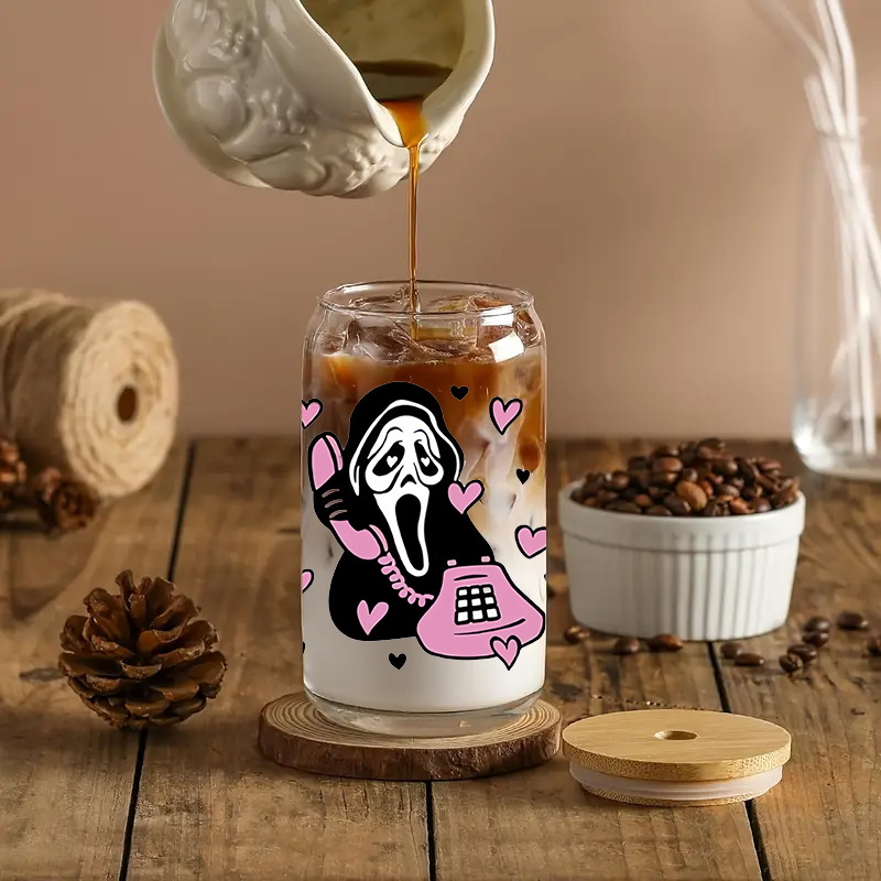 Glass Cups Set with Lid, Straw and Brush for Halloween Party Coffee Juice Milk Tea