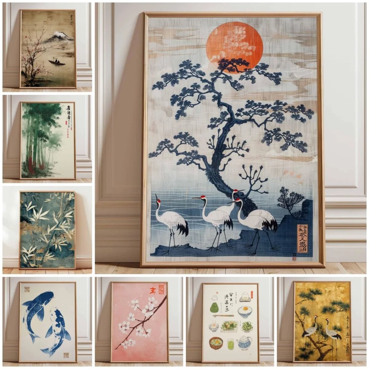 Japanese Crane Vintage Ukiyo-e Poster – Red Sun & Pine Tree Canvas Print – Traditional Oriental Wall Art Decor