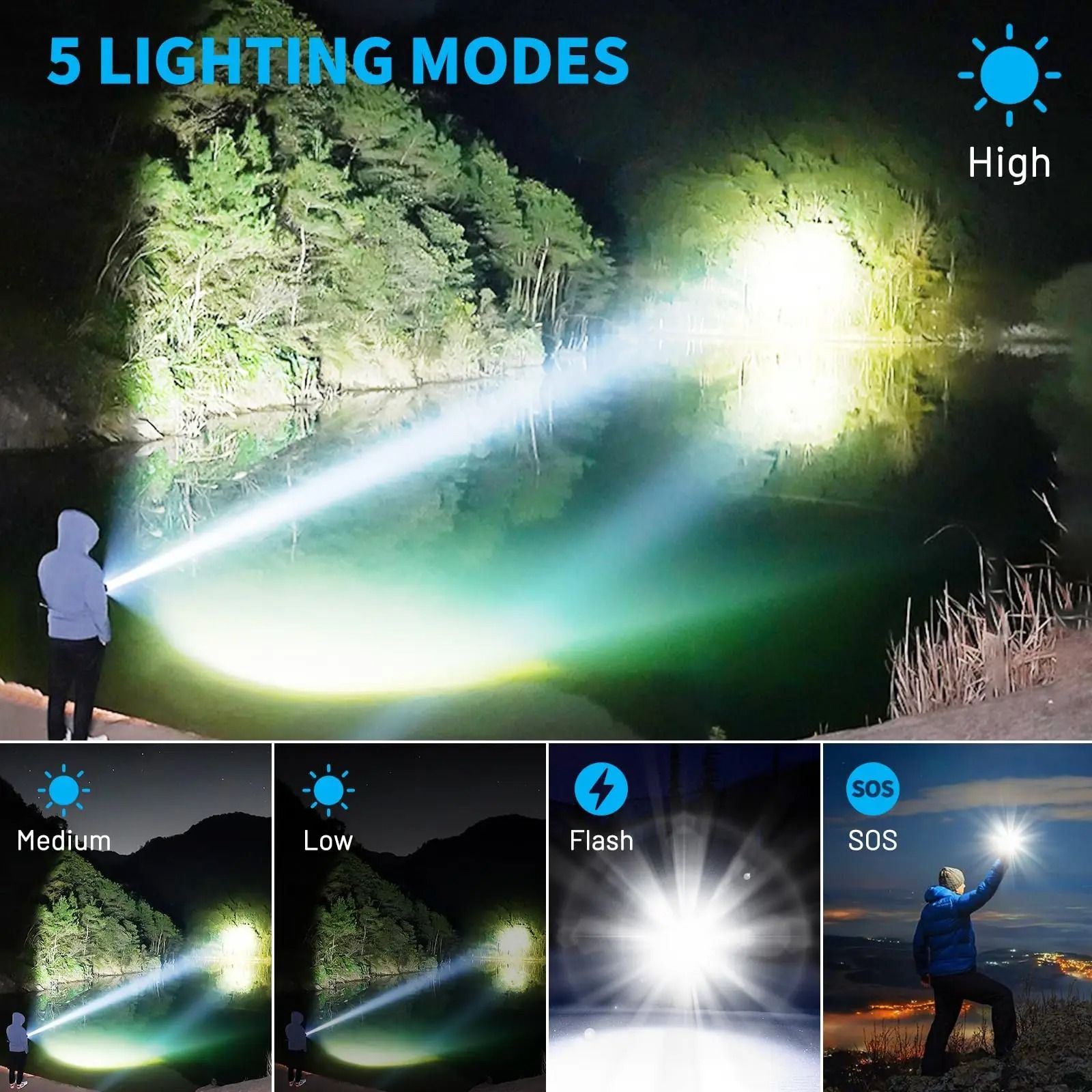 Rechargeable High Lumen Flashlight Waterproof 990000 Lumens with 5 Modes