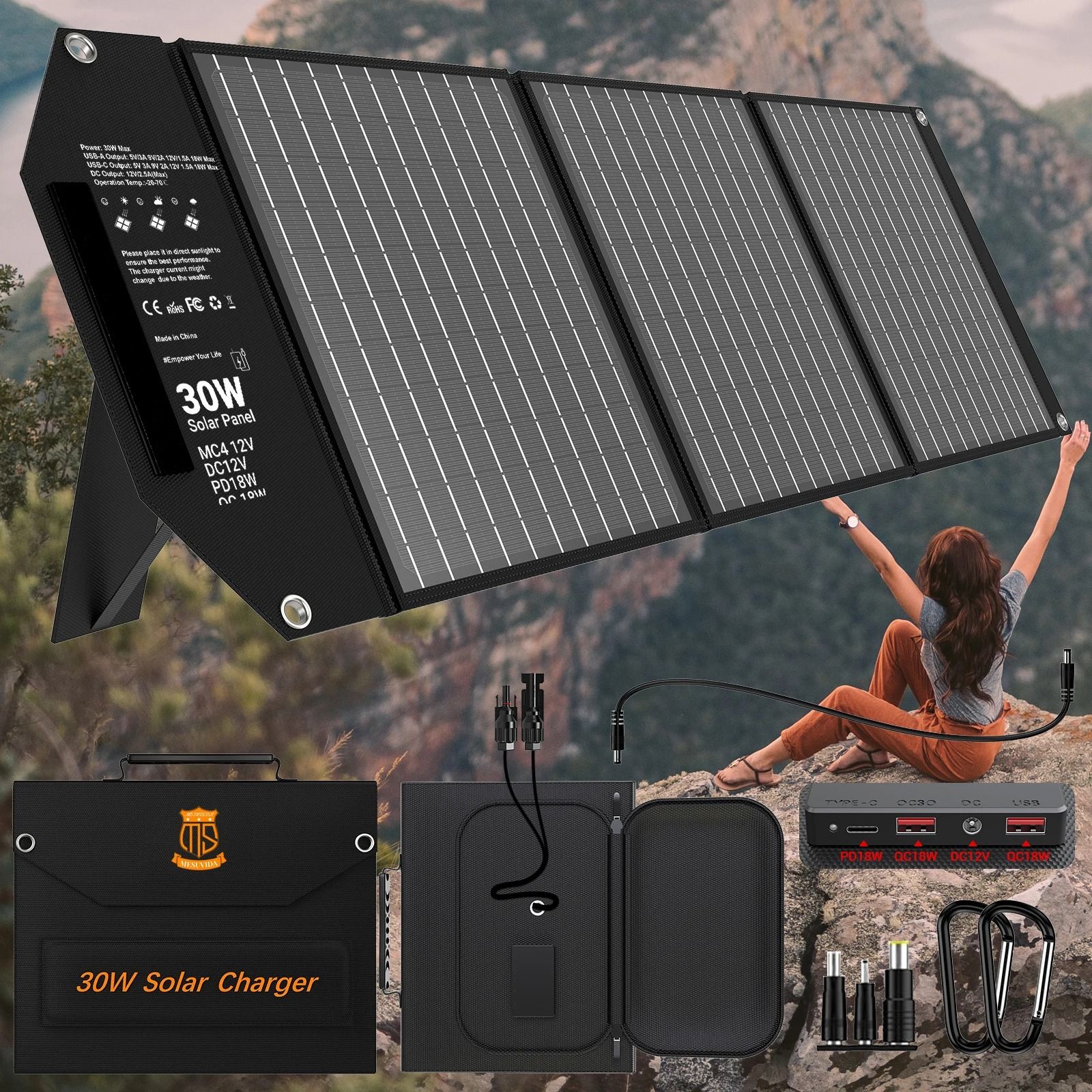 30W Foldable Solar Charger with USB and USB C Ports for Travel and Outdoor Use