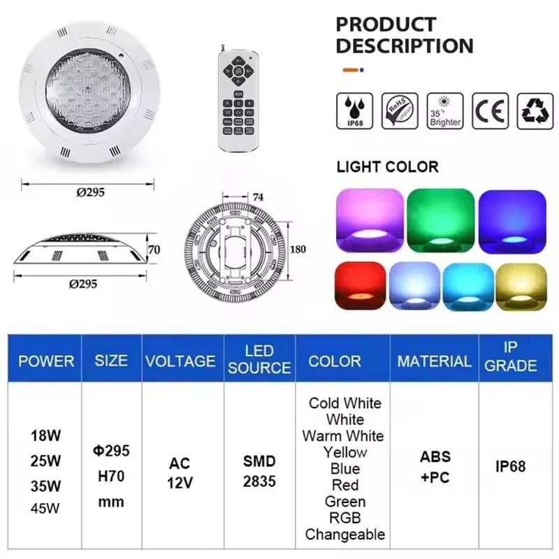 LED RGB Underwater Swimming Pool Light with Remote Control and Multiple Watt Options AC12V Waterproof IP68