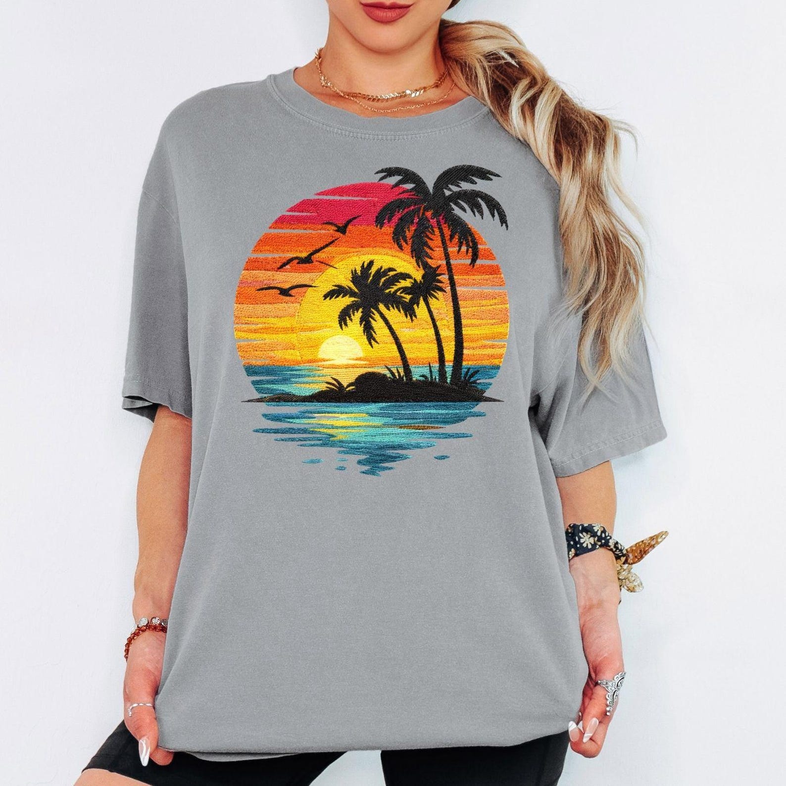 Sunset Palm Tree Shirt Tropical Beach Graphic Tee Summer Vacation Outfit