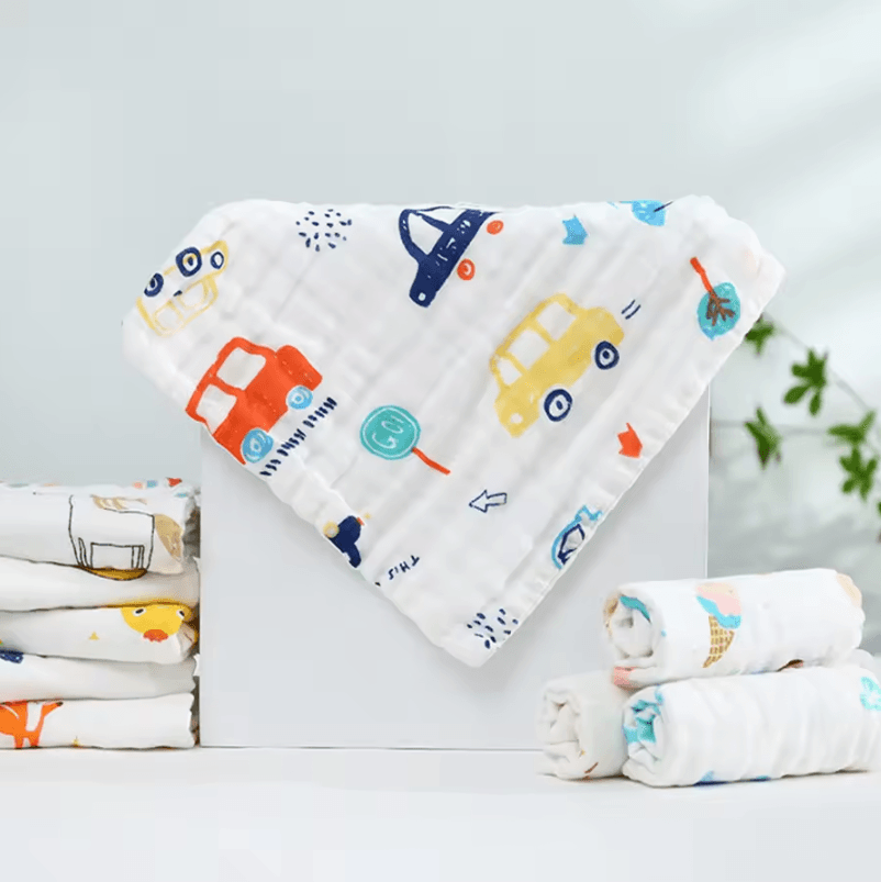 6-Layer Muslin Baby Towel Set – Ultra Soft Cotton Washcloths & Burp Cloths (5pcs)