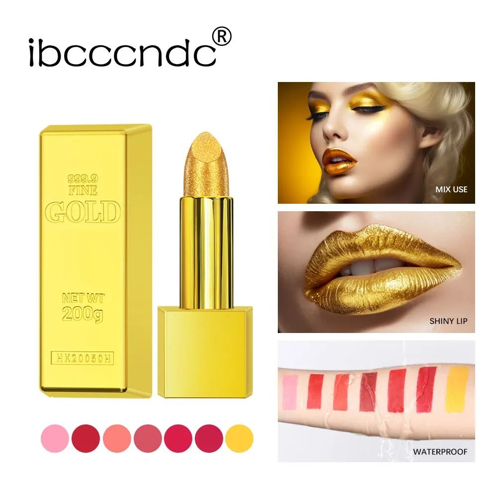 Shimmer Gold Metallic Glitter Lipstick Waterproof Long Lasting Batom Gold Brick Tube Design