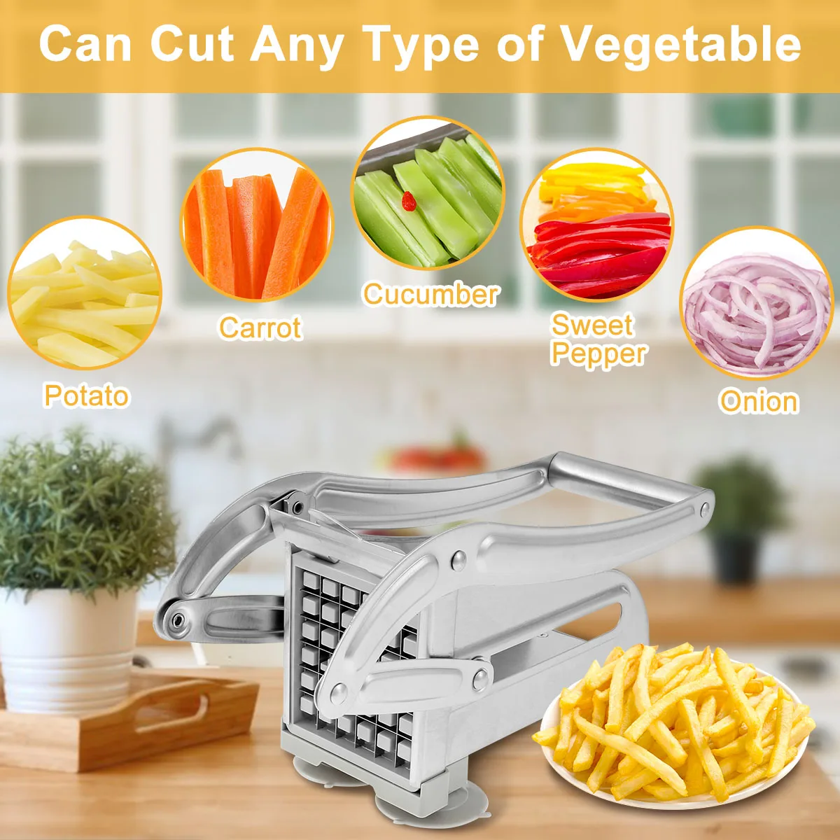 French Fry Cutter Stainless Steel Potato Chipper Fast Cutting Potato Chip Cutter with 36/46 Holes Blades Food Slicer
