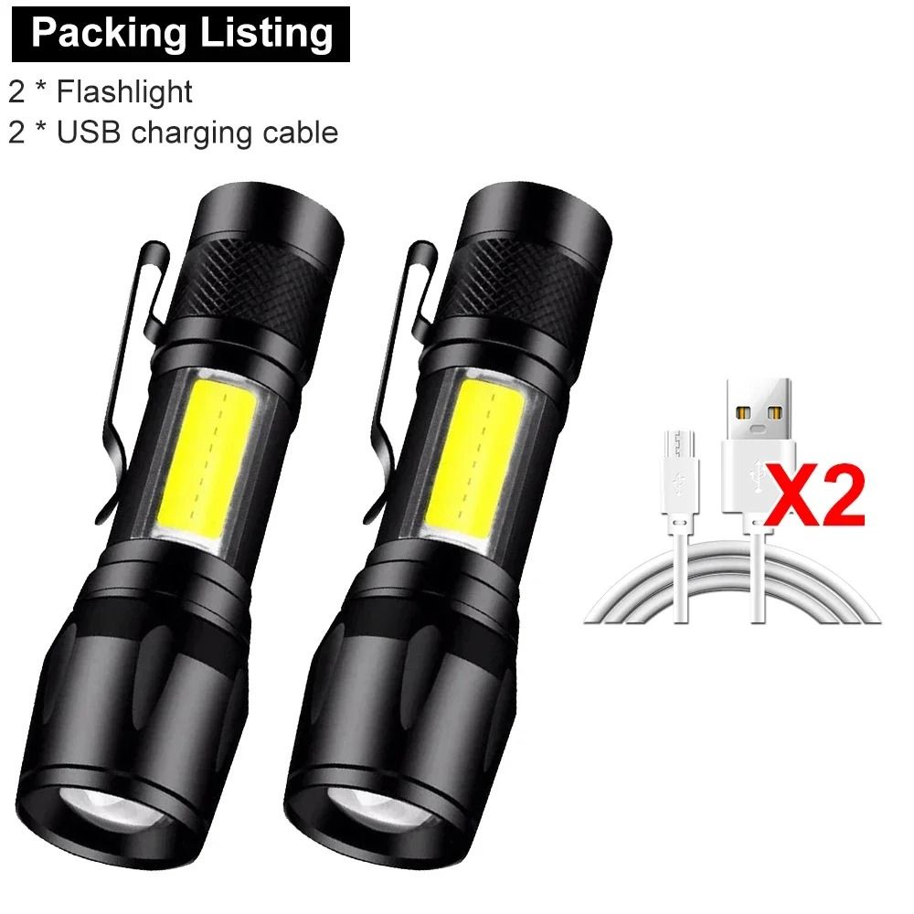 USB Rechargeable Mini COB and XPE LED Flashlight with Zoom and Pen Clip