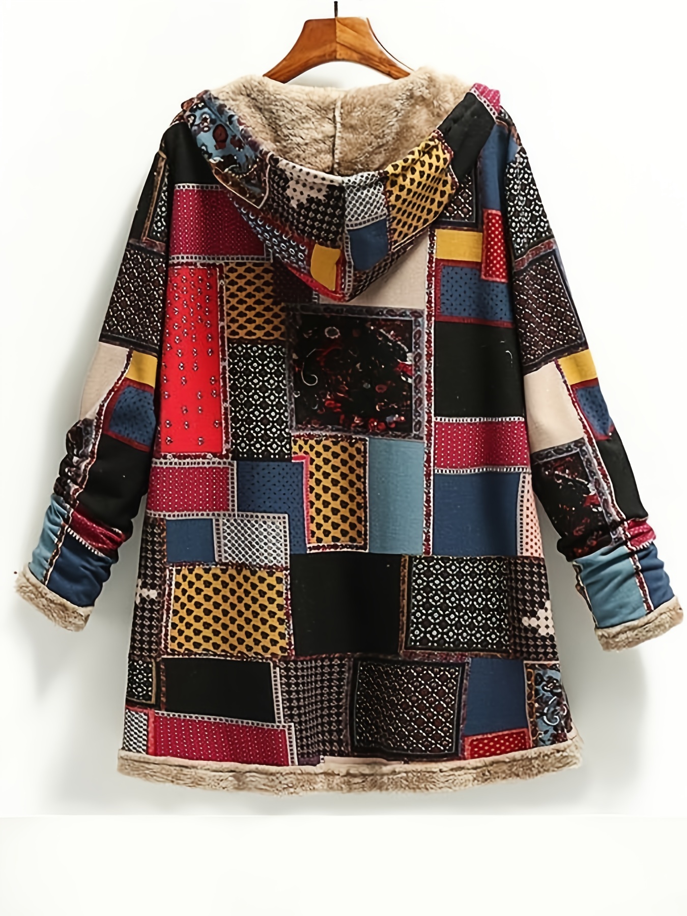 Retro Patchwork Hooded Jacket - Long Sleeve Button Up Casual Lightweight Outerwear For Fall & Winter - Women's Clothesg