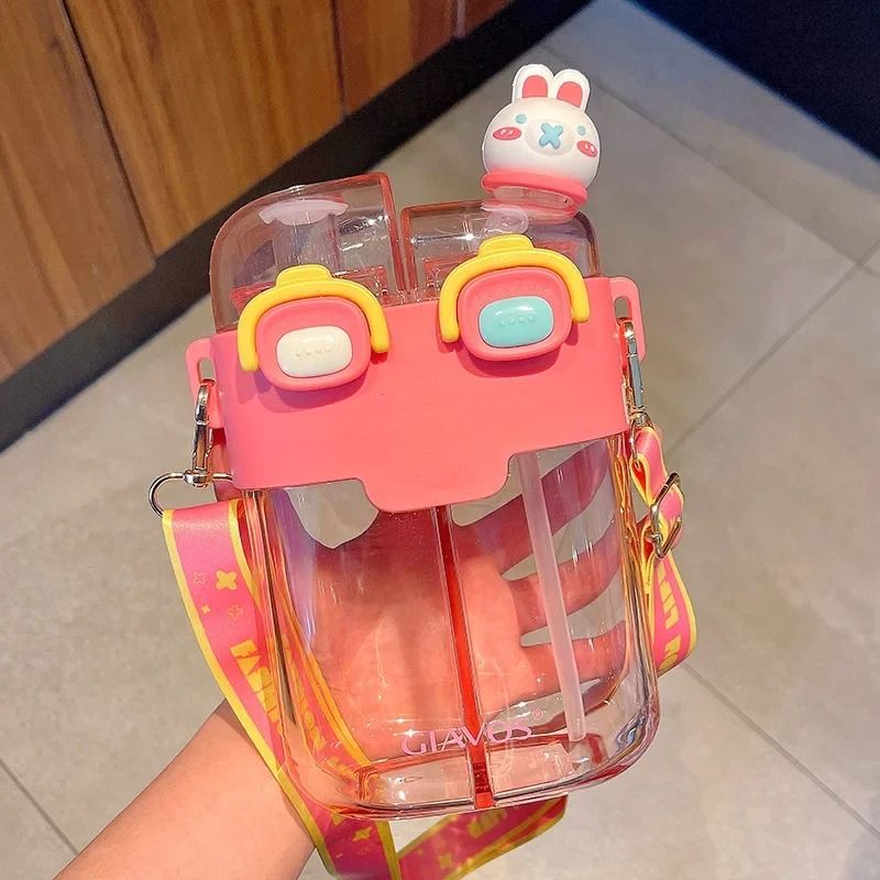 Large Capacity Kids Water Bottle with Straw Double Compartment Cartoon Design