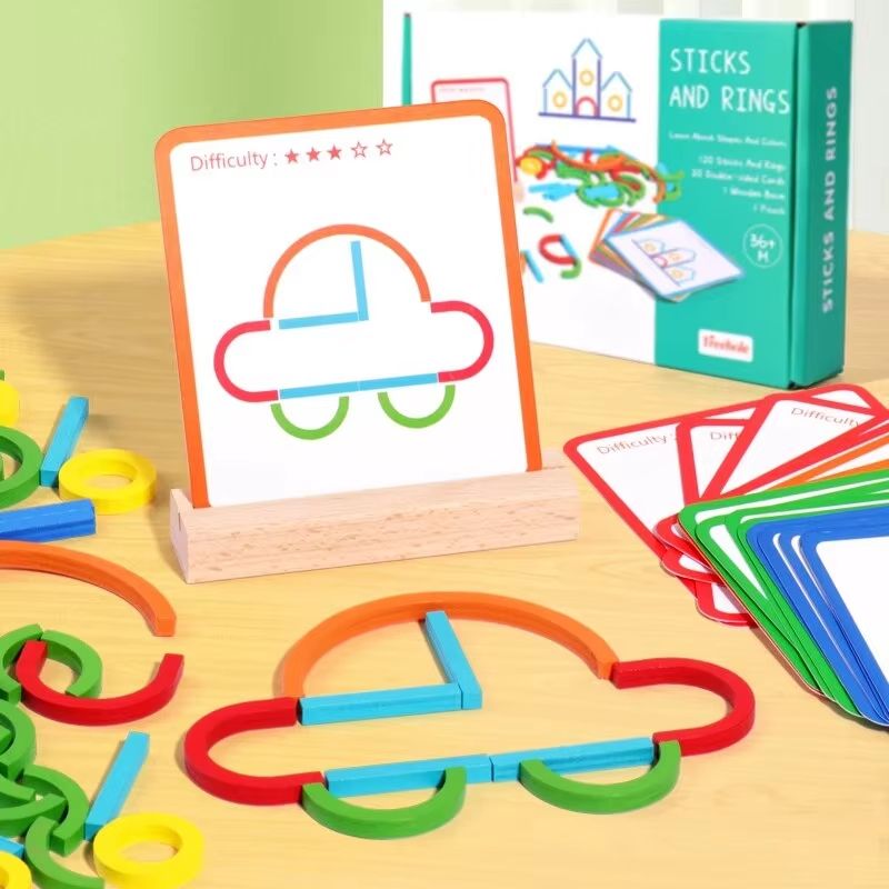 Wooden Sticks & Rings Puzzle Set. Montessori DIY Brain-Builder Blocks