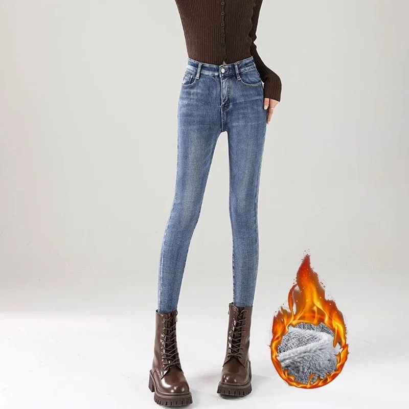 Womens High Waist Fleece Lined Straight Leg Jeans Warm Winter Denim Pants