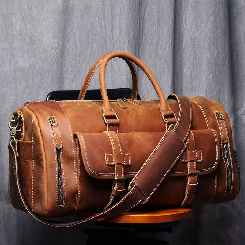 MUNUKI Vintage Crazy Horse Genuine Leather Travel Duffle Bag for Men