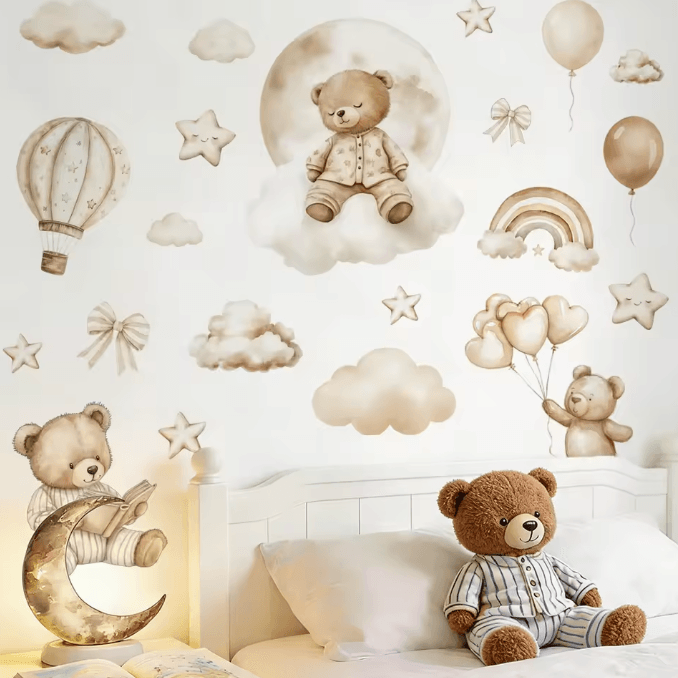 Boho Teddy Bear Balloon Wall Sticker – Watercolor Nursery Wall Decals for Kids Room Decor