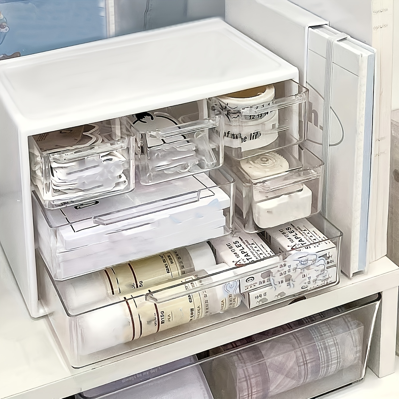 Plastic Desktop Organizer with Drawer for Office Supplies, Stationery, and Dorm Storage, Large Capacity