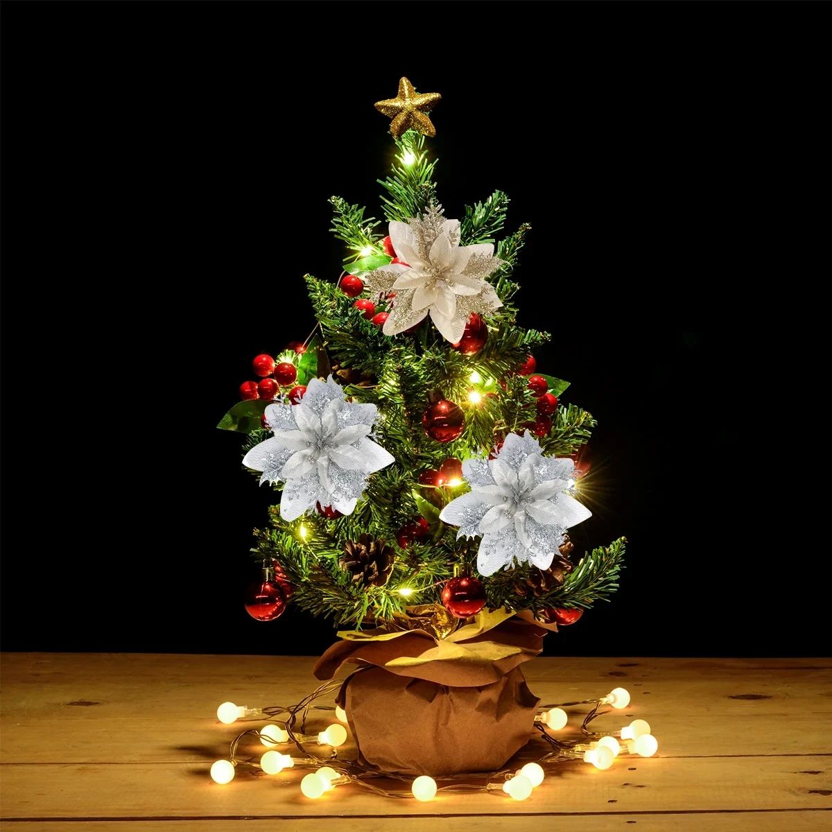 Glitter Pink Poinsettia Christmas Tree Flowers Set 5pcs