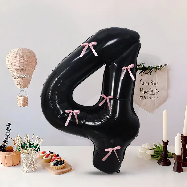 Black Number Balloon with Pink Bow