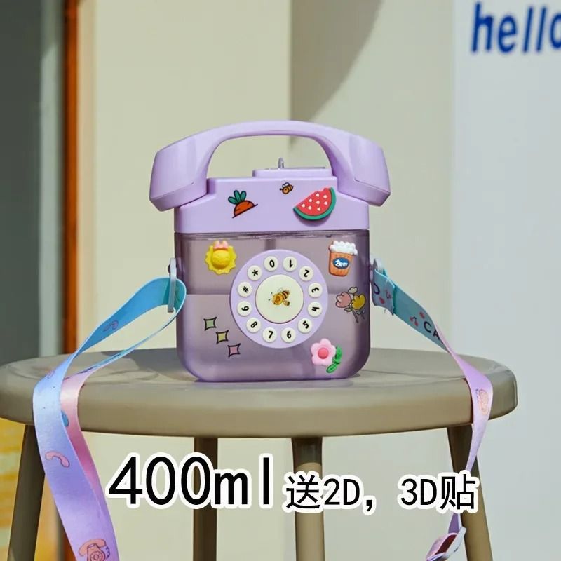 Telephone Shape Cute Water Bottle with Straw Kawaii Kids Plastic Bottle 400ml