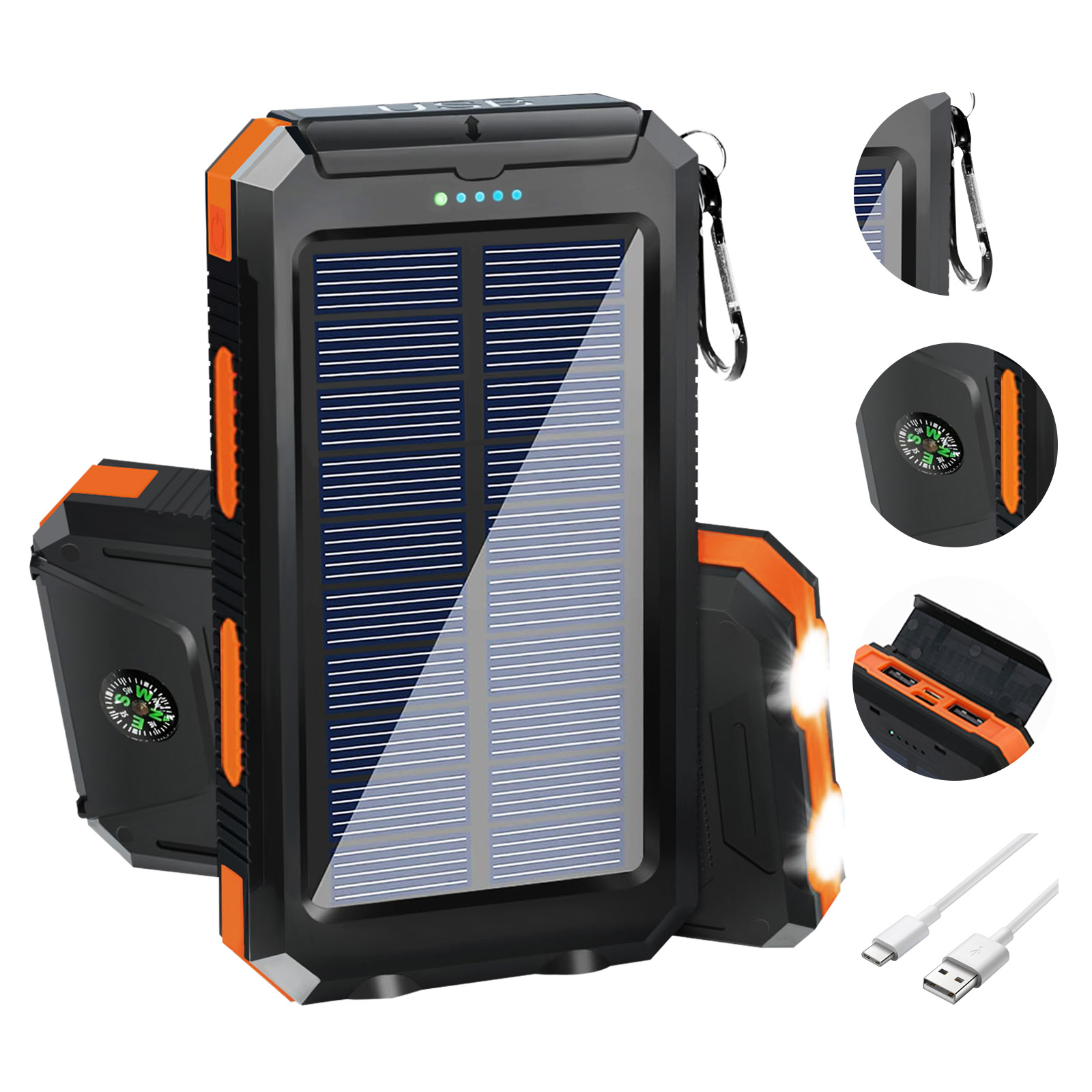Portable Solar Charger Waterproof , Dual USB Power Bank with LED Flashlight for Cell Phone Outdoor