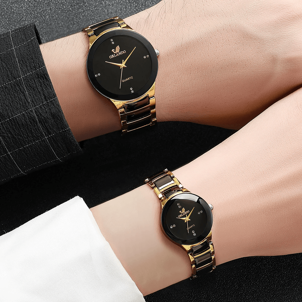 Couple Stainless Steel Quartz Watch Set Classic Analog Style