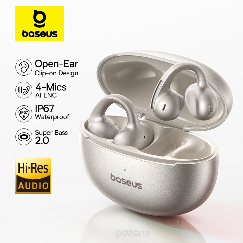 Bluetooth Hi-Res Ultra Open Earbuds, Baseus MC1 Pro Ear Clip Wireless Earphones, Earrings 4-Mic ENC Clip on Ear Buds