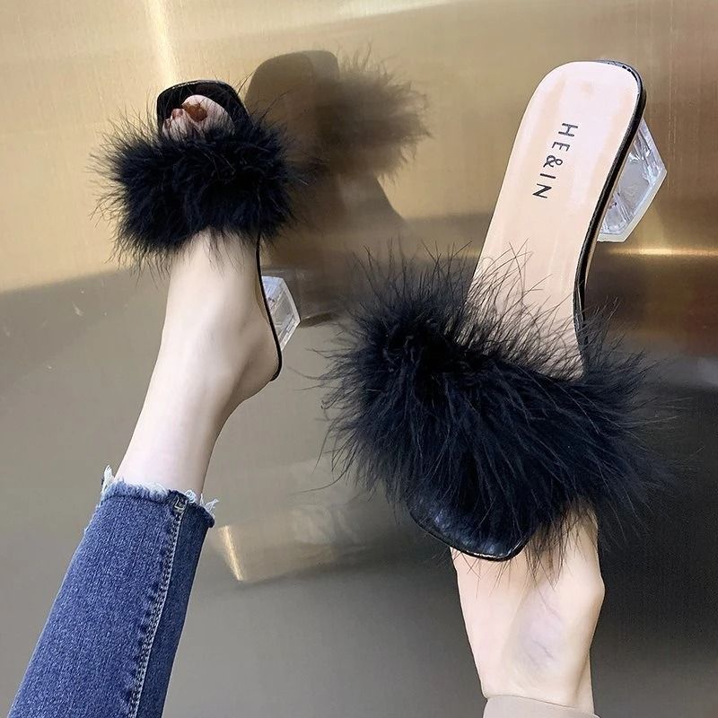 Sexy Faux Fox Fur Square Toe Pumps – Elegant Chunky Heel Summer Slippers