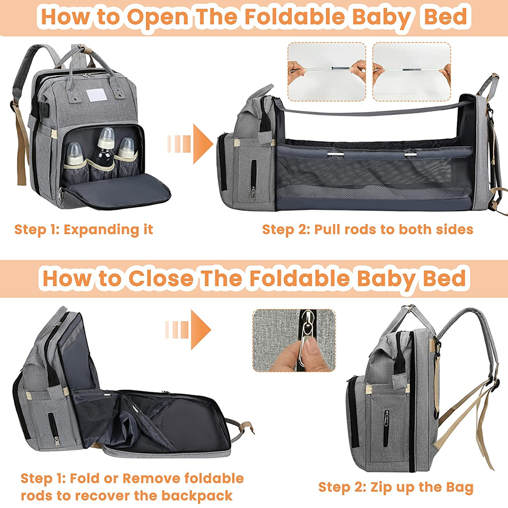 2-in-1 Backpack-Crib, Diaper Bag, Sun Shade, & USB Interface