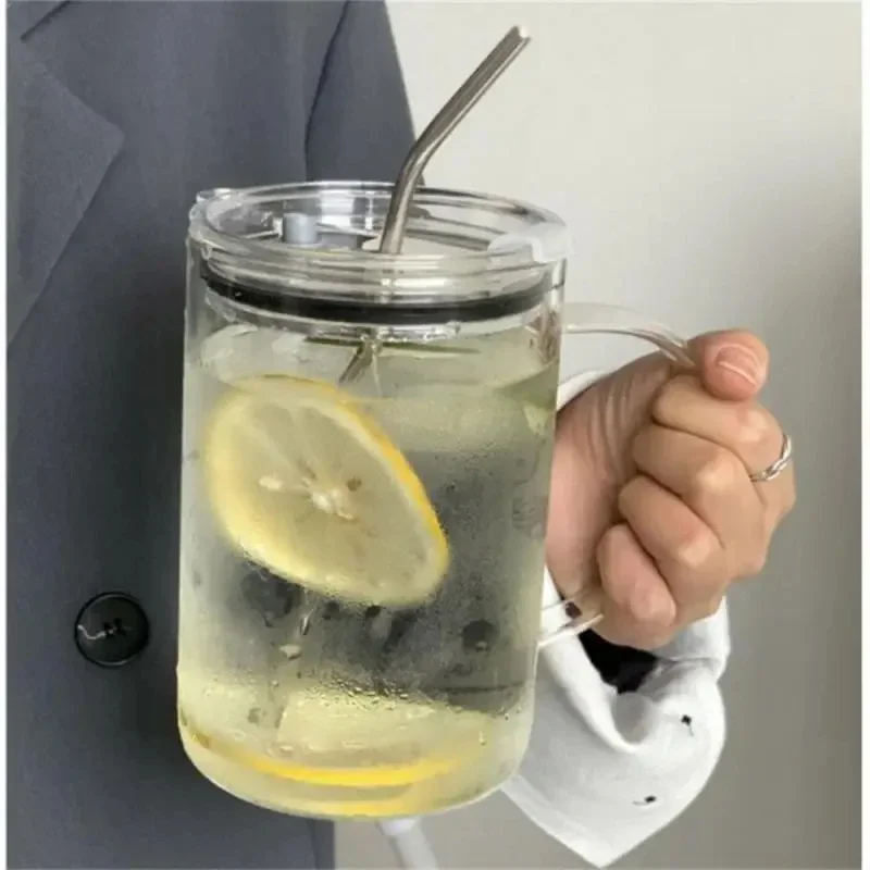 Glass Drinking Tumbler with Lid and Straw, Transparent Coffee Mug, Milk Juice Cup, Mocha Glass Cup, Juice Mug