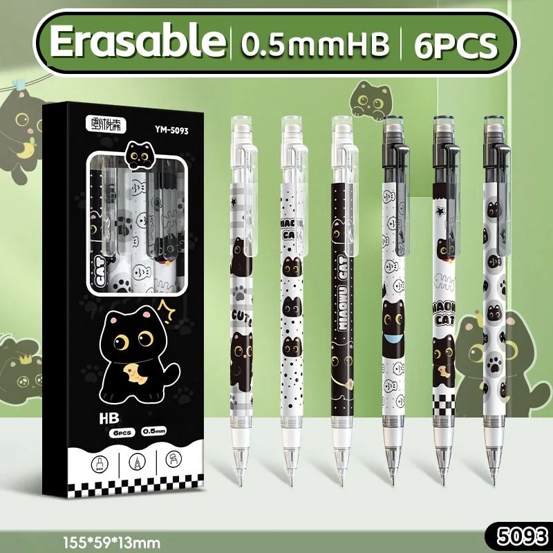 6-Piece Cute Cat Mechanical Pencil Set – 0.5mm Precision Writing & Drawing Tools for School & Office