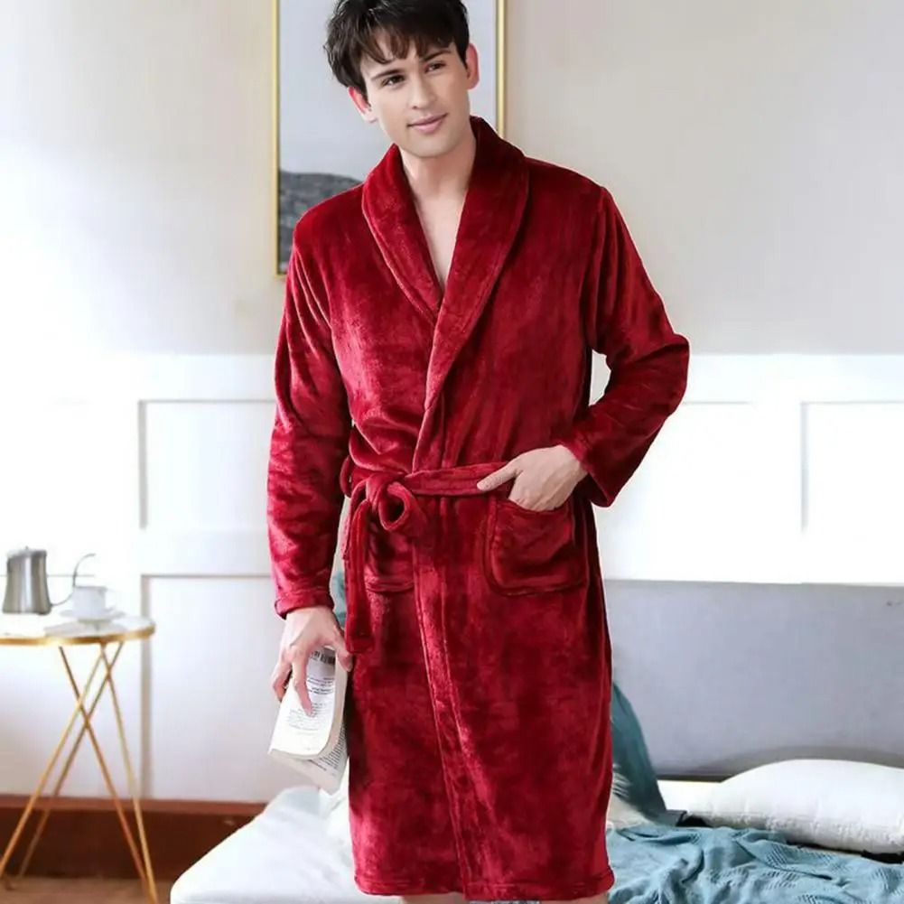 Mens Plush Flannel Winter Bathrobe Thick Lined Medium Length Home Robe