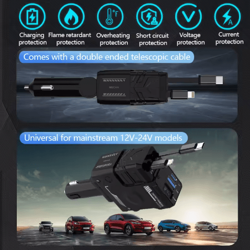 Retractable 4-in-1 Fast Charging Car Charging Cable & Adapter Universal Multi-Device Power Solution
