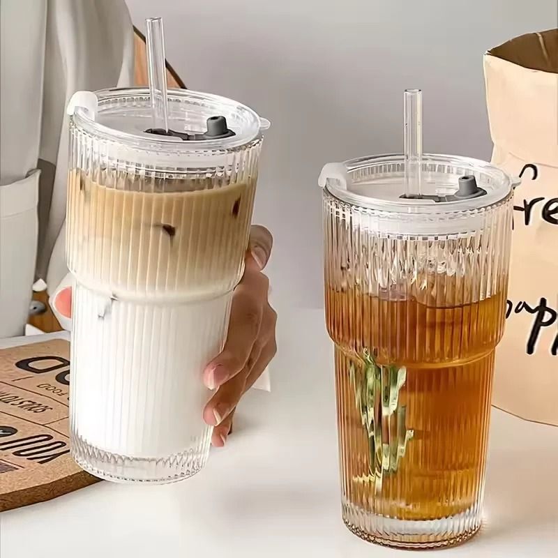 Large Stripe Glass Coffee Cup with Lid and Straw