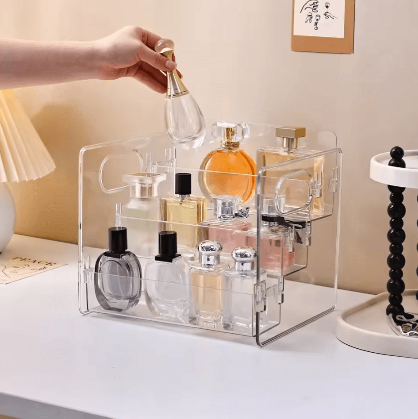 3-Tier Acrylic Perfume Display Organizer – Transparent Vanity Storage Shelf for Cosmetics & Fragrance
