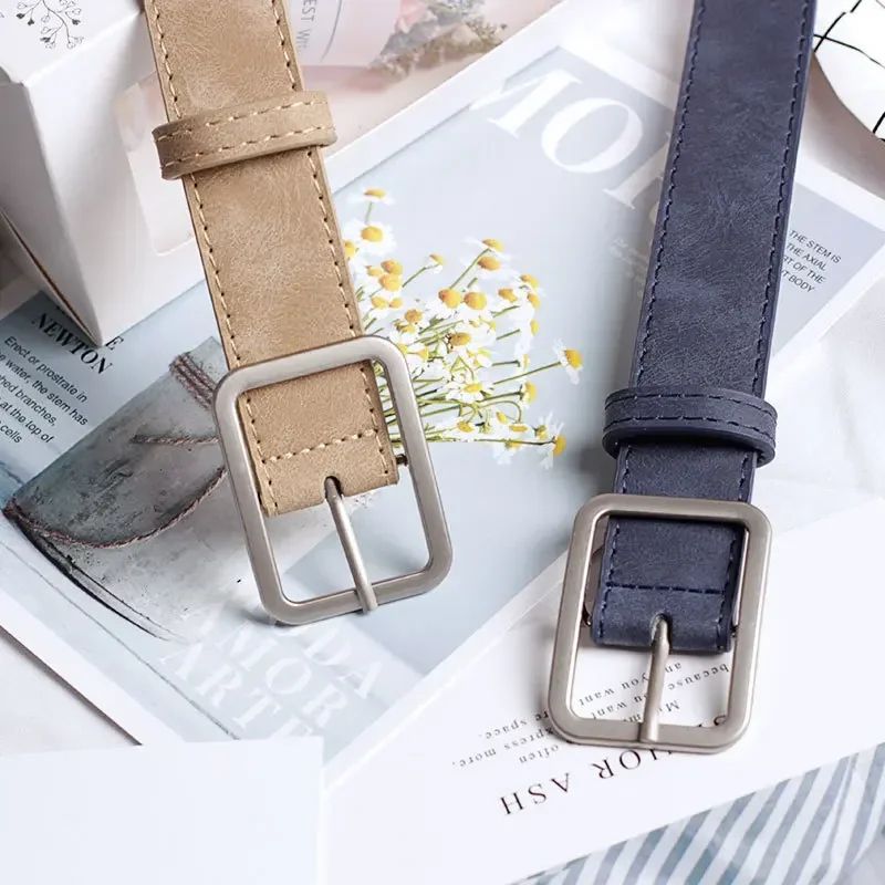 Womens Retro Leather Belt w/ Silver Square Pin Buckle - Fashion Jeans Waist Belt, Adjustable Student Waistband