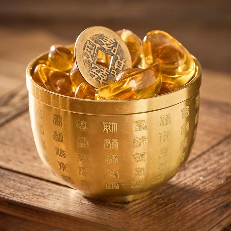 Gold Feng Shui Hundred Blessings Bowl – Exquisite Copper Craftsmanship & Prosperity Decor