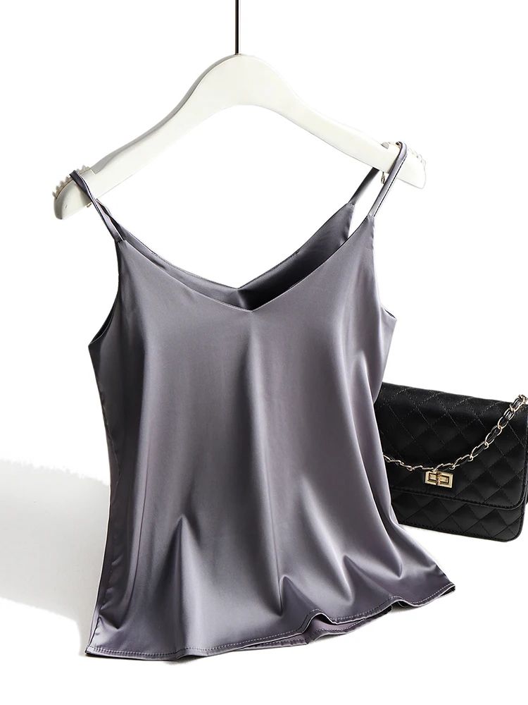 Women's Satin Silk Halter Cami – White Backless Spaghetti Strap Summer Top