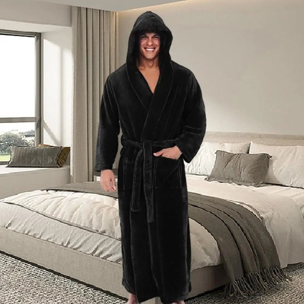 Mens Hooded Flannel Long Bathrobe Soft Fluffy Home Gown