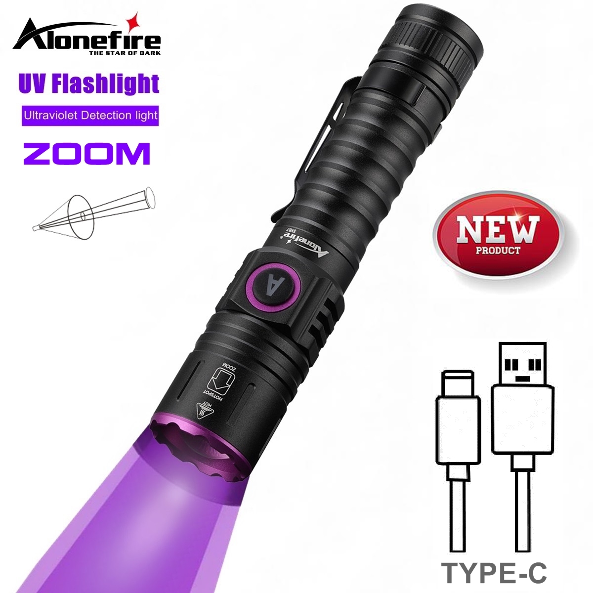 Zoom UV LED Flashlight Type C Rechargeable Invisible Ink Marker for Pet Urine, Tinea, Money, and Scorpions