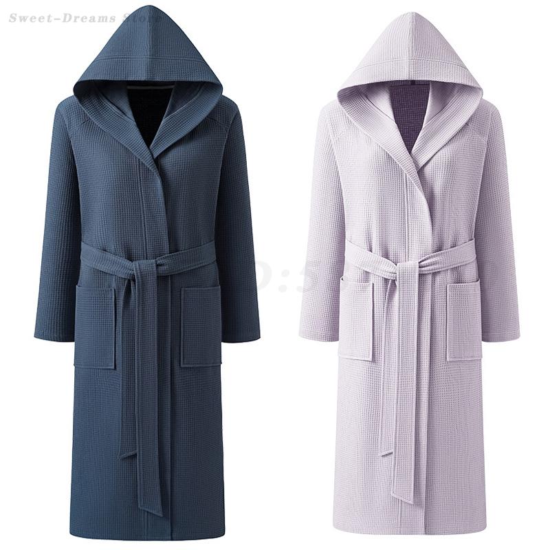 Cotton Waffle Kimono Robe, Long Sleeve Hooded Bathrobe, Couples Sleepwear and Home Loungewear for Spring and Autumn
