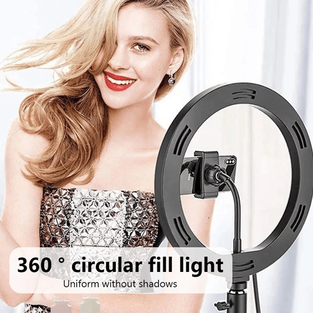 Dimmable LED Ring Light with Tripod and Phone Holder for Content Creation