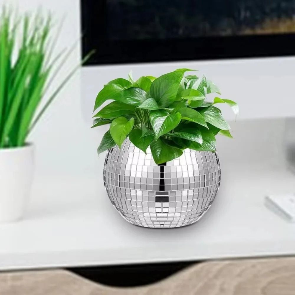 Disco Ball Flower Pot – Silver Mirror Glass Planter – High-Yield Botanical Interaction Hub