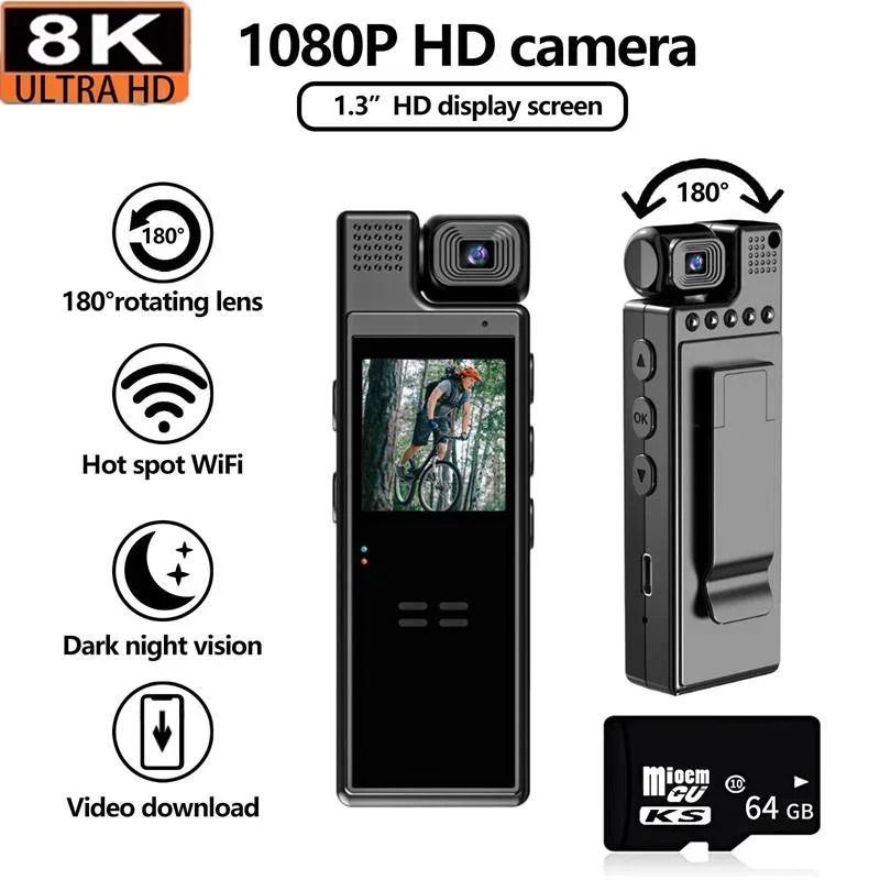 Mini 8K HD Clip on Action Camera with Night Vision and 180 Degree Rotatable Lens