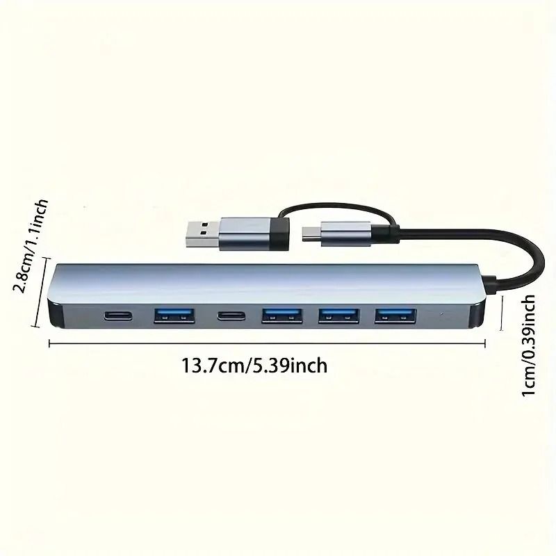 7-Port High-Speed USB 3.0 & Type-C Hub – Multi-Splitter Adapter for MacBook, PC, and Laptops