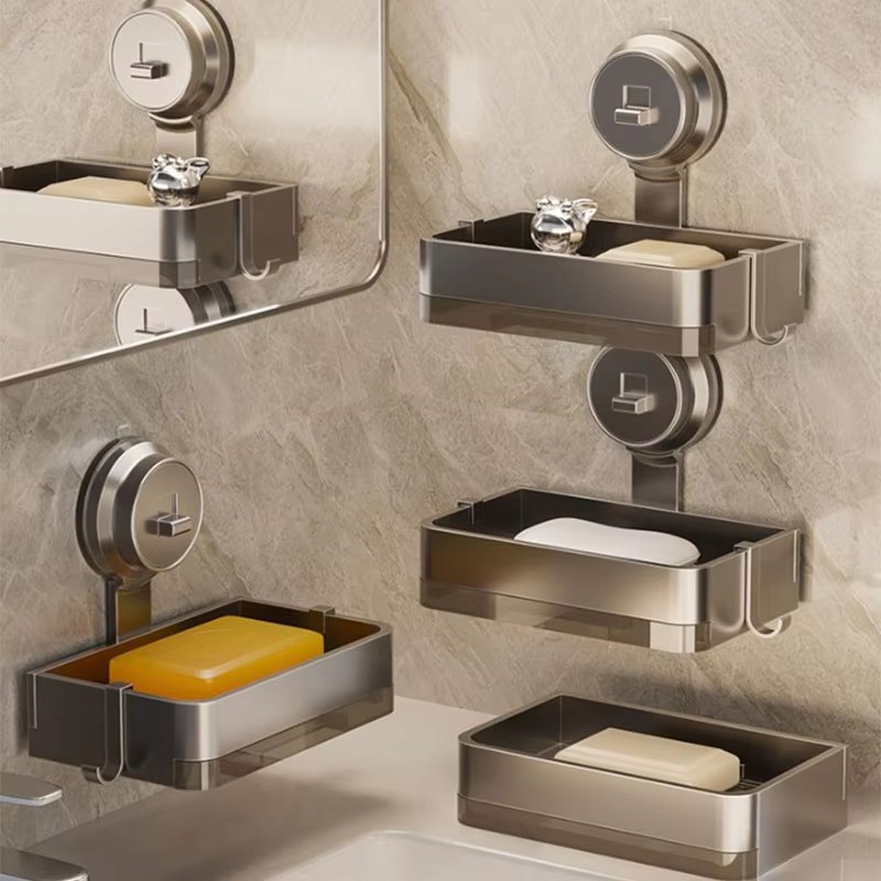 Space Aluminum Wall-mounted Suction Cup Soap Box Bathroom Shelf Drain Rack Storage for Toilet Washing Table
