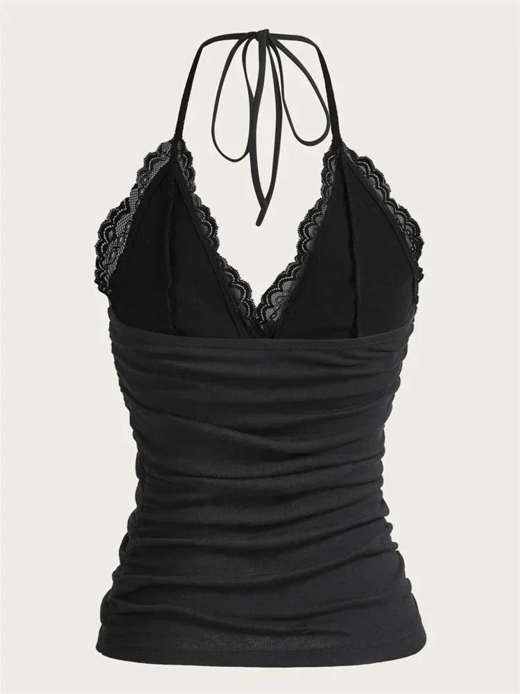 Lace V-Neck Halter Backless Crop Top – Ruched Y2K Grunge Goth Cami