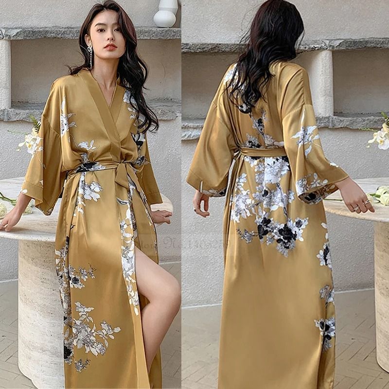 New Spring Summer Female Long Robe Set – Sexy Flower Print Kimono & Silk Satin Casual Lounge Wear